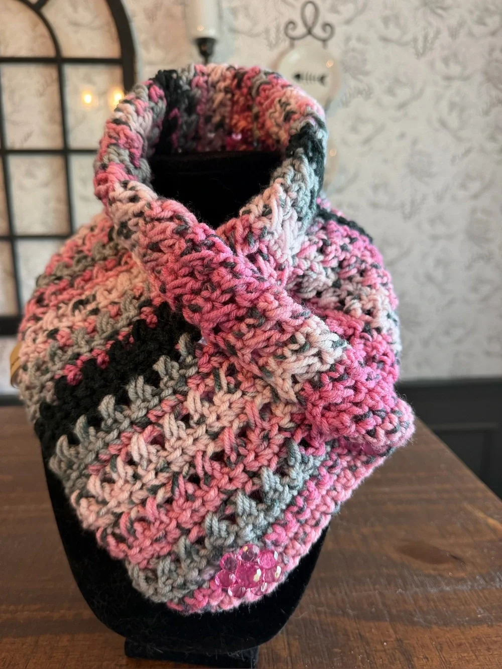 Handcrafted Pink & Gray Crochet Cowl NWOT